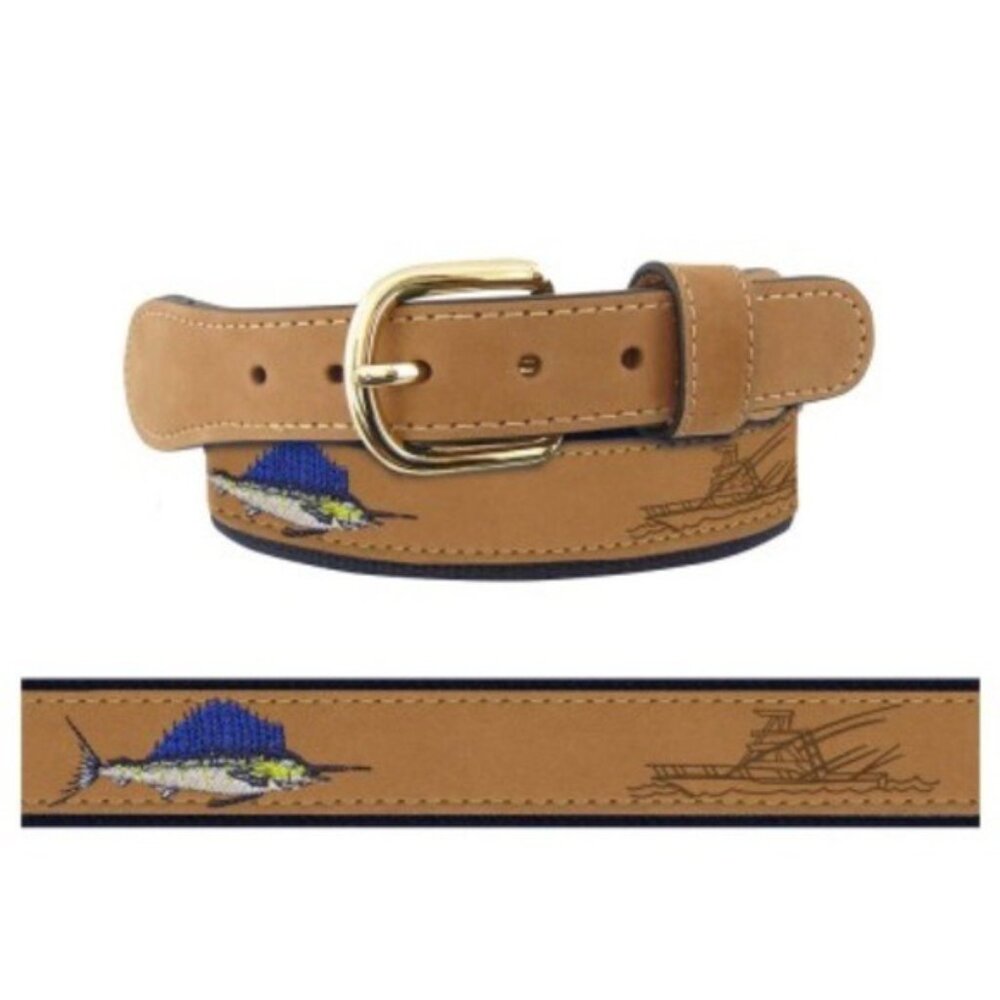 Zep-Pro Men's Tan Leather Embroidered Sailfish Belt Size 34 Novelty Solid Brass